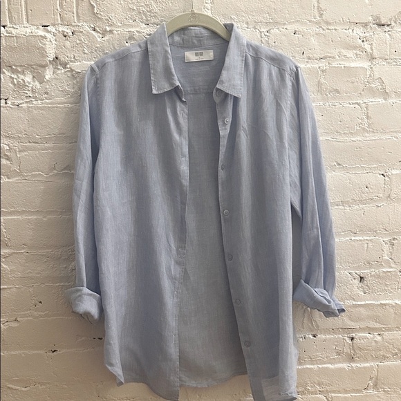 Uniqlo Tops - Uniqlo Light Blue Linen Shirt